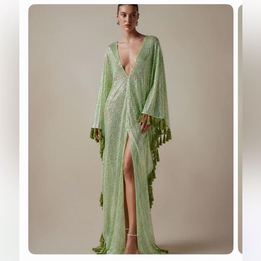 Shiny Green Tassel-Trim Maxi Dress